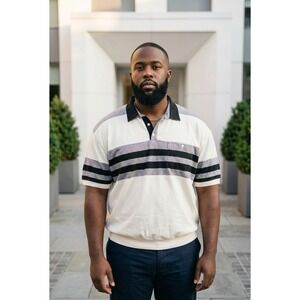 Boulevard Club Striped Polo Shirt 3XLT Cream Grey Black 90s‎ Retro Golf Dadcore